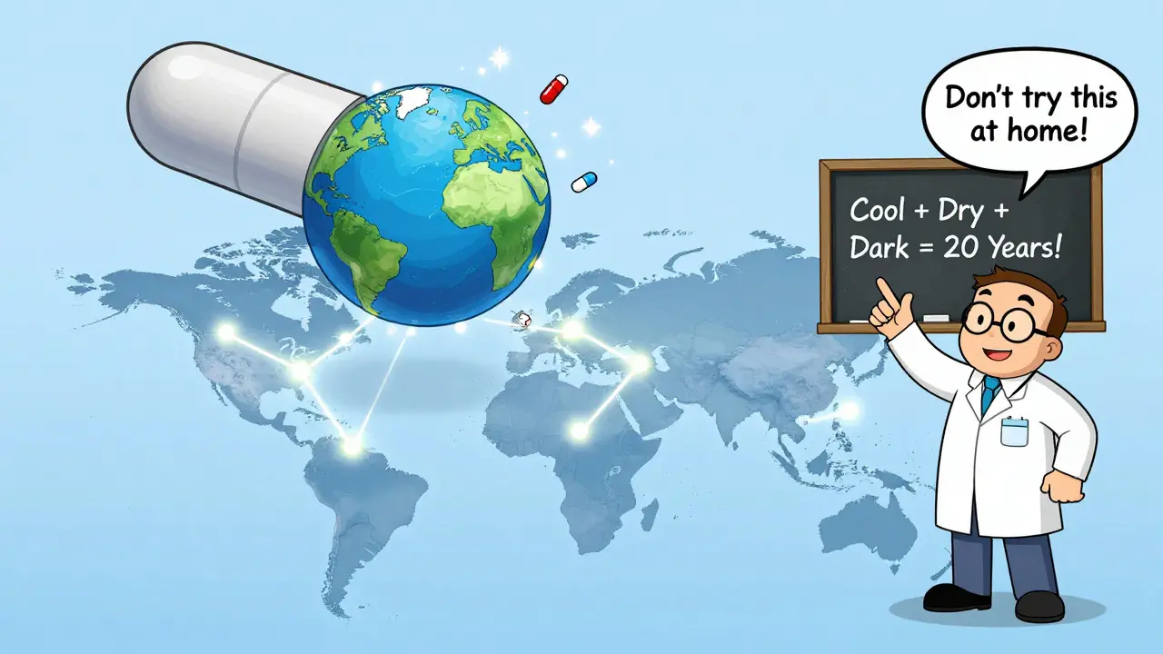 Global map with glowing connections and a spinning pill-shaped globe emitting medical icons, with a doctor warning against home use.