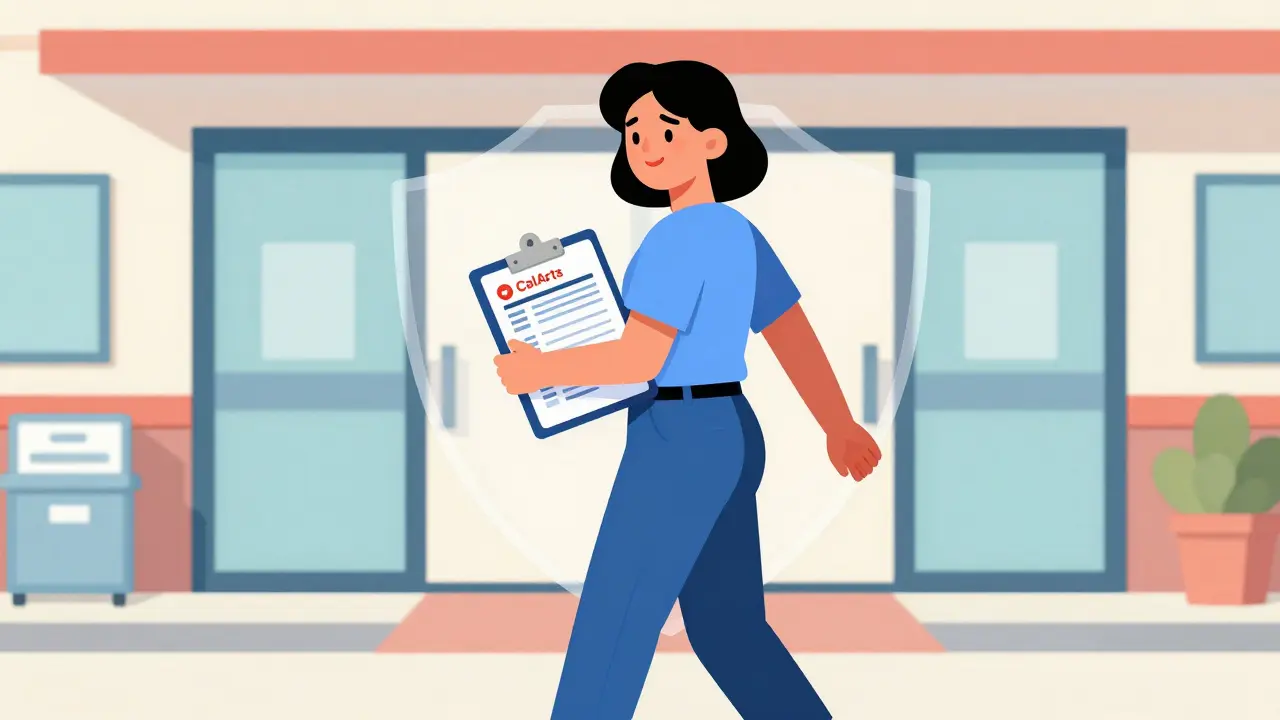 Happy patient holding file bag walking past clinic doors.