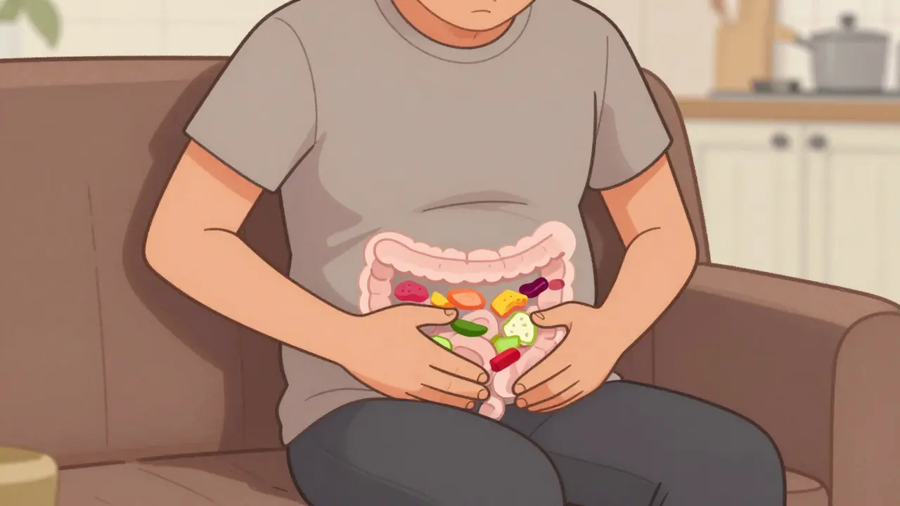 Illustrated character clutching stomach in digestive discomfort pose.