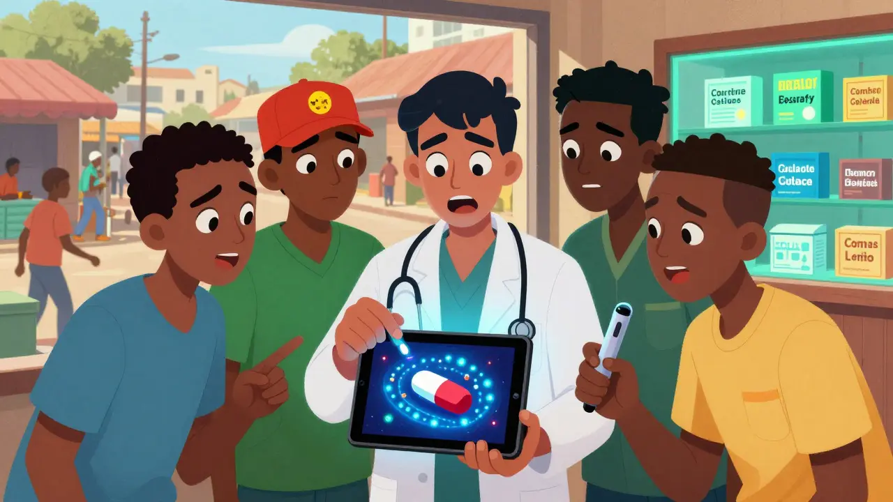 Pharmacy students examining a fake malaria tablet under UV light in a vibrant community setting.