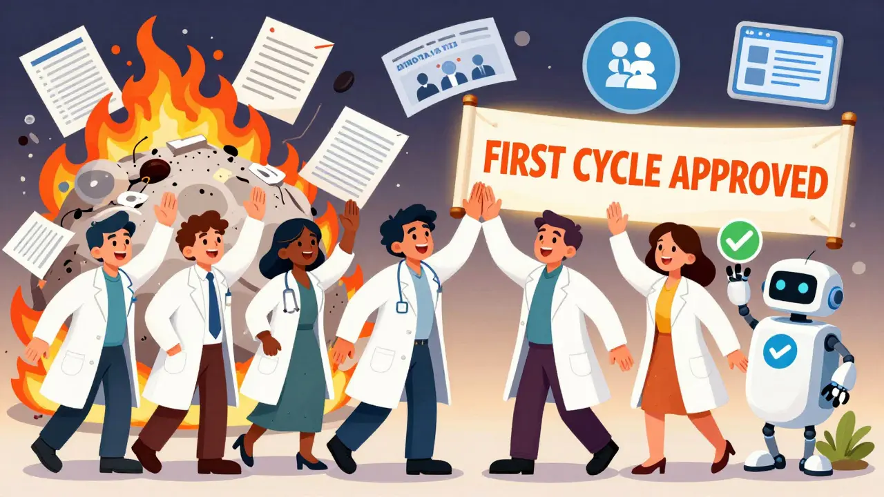 Scientists celebrating approval with clean templates and an AI checker replacing failed applications.