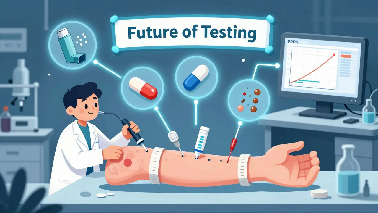 Scientists measuring skin absorption of a topical drug using microdialysis and tape-stripping tools.