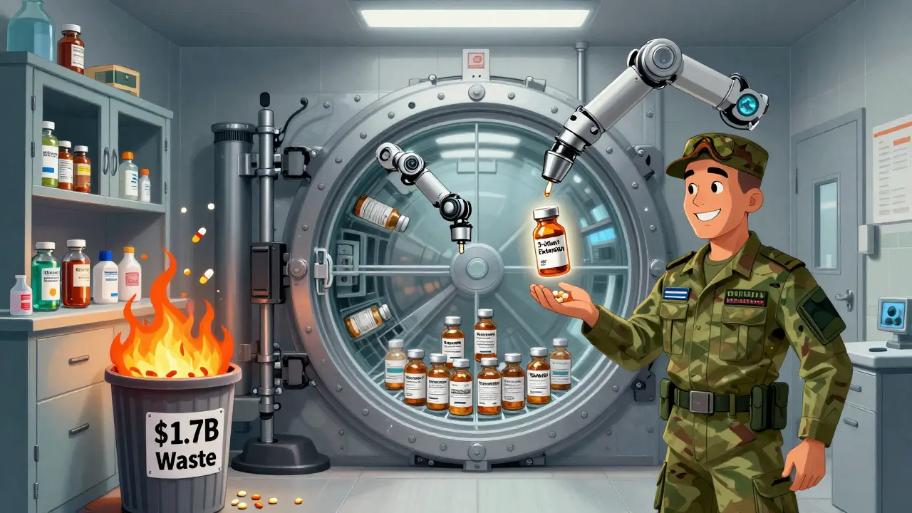 Split scene: one side shows expired pills being thrown away, the other shows military stockpile with extended-date medications being stored.