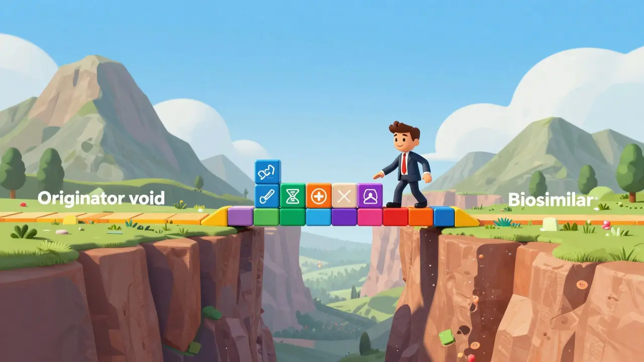 A character building a bridge across a canyon to connect high-cost drugs to affordable biosimilars.