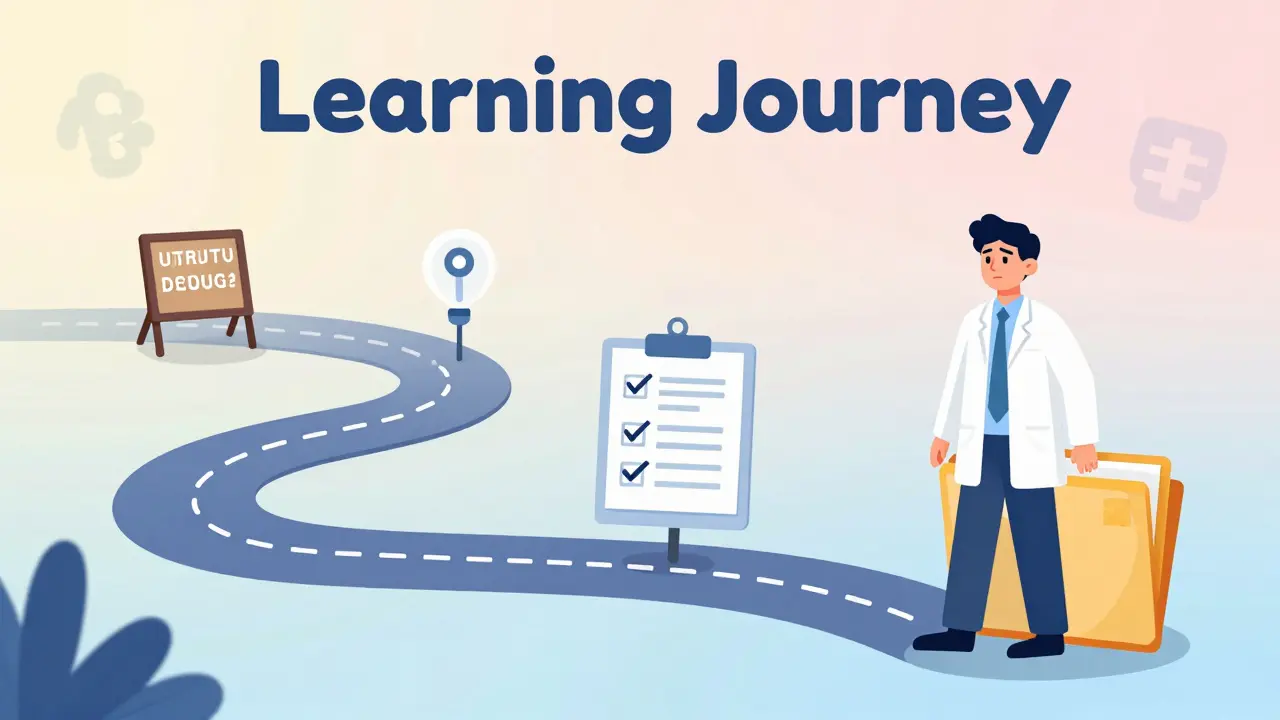 A character walking a winding path of learning milestones toward health literacy.