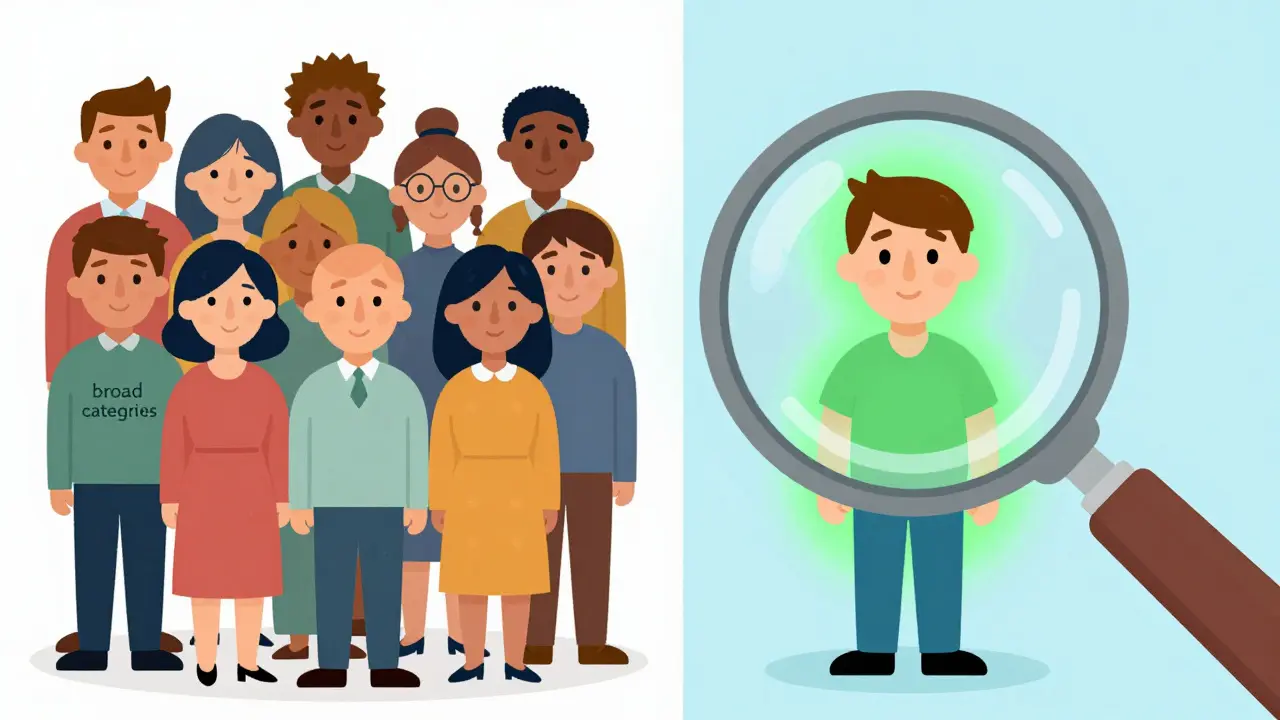 A comparison between a broad group of patients and one specific biomarker-matched individual.