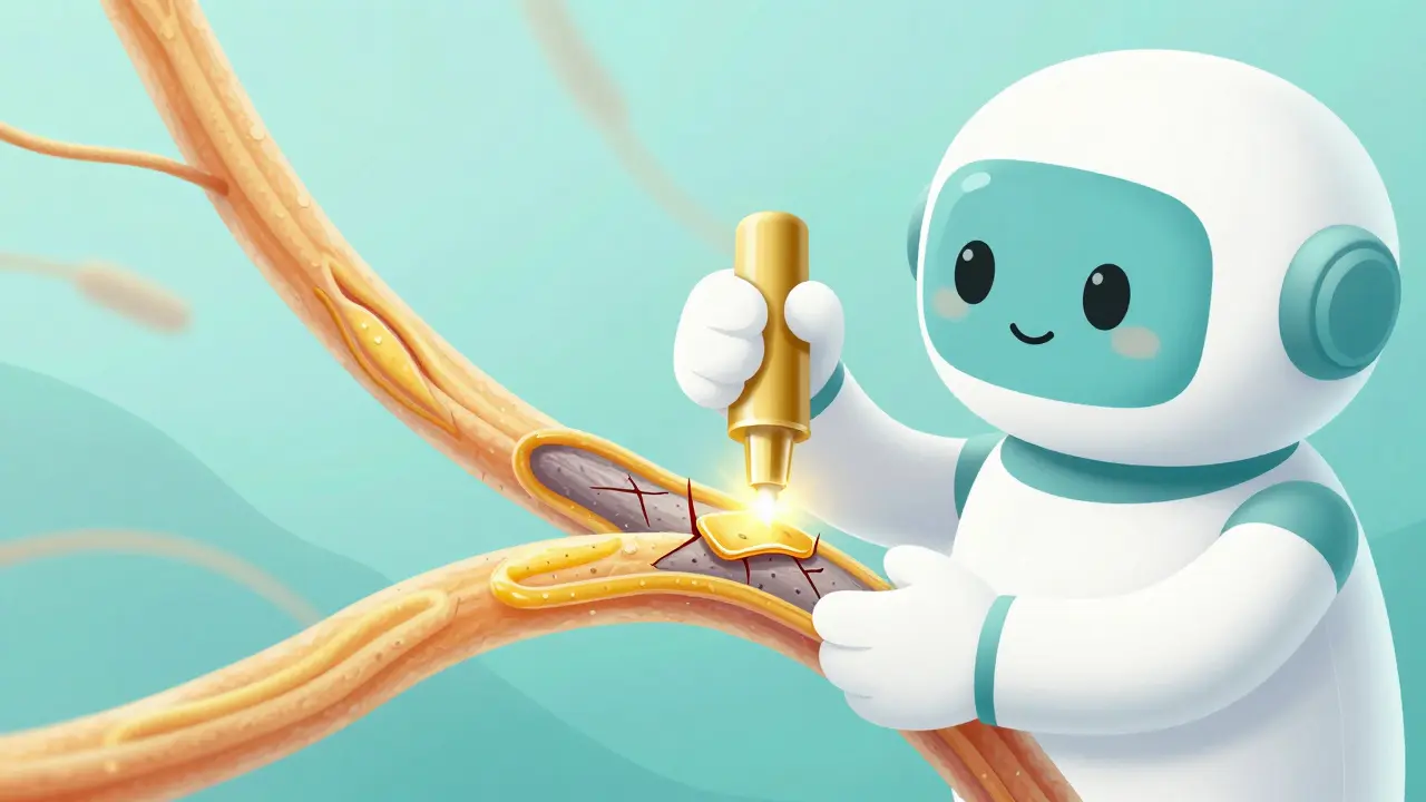 A conceptual scene showing a scarred nerve fiber being repaired with a new protective coating.