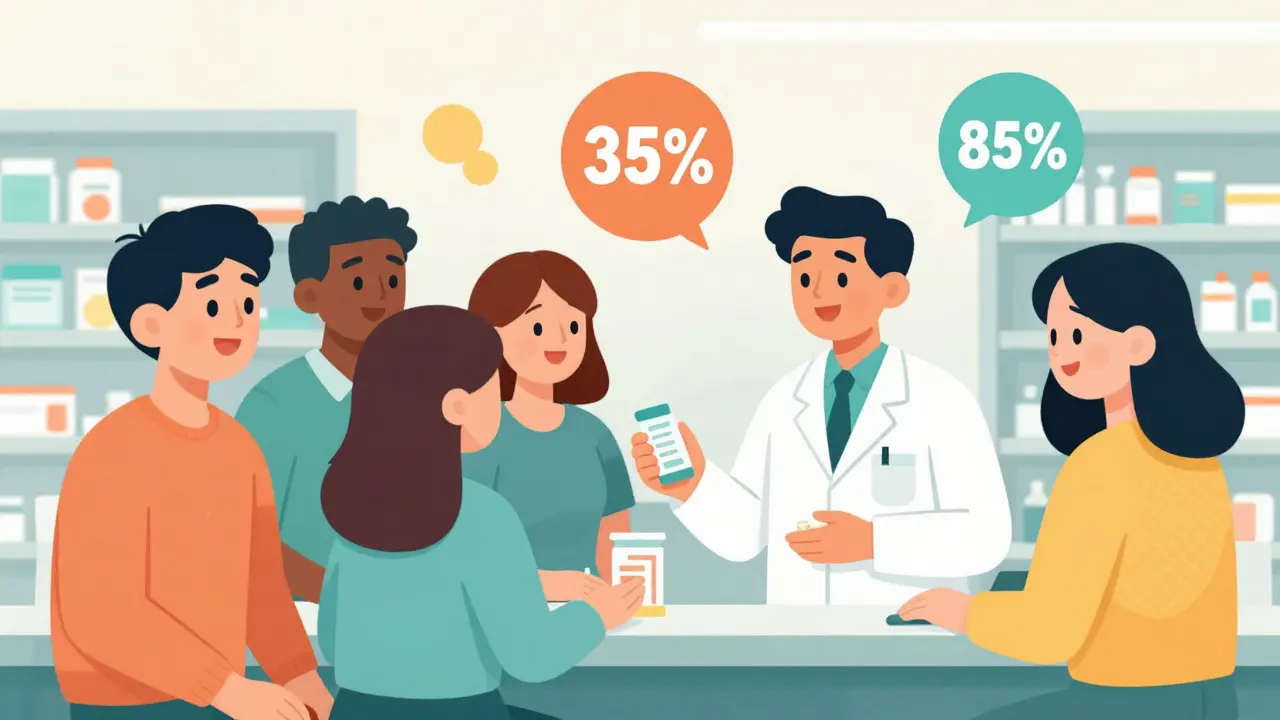 A pharmacist giving medication to patients with floating percentage symbols indicating savings.