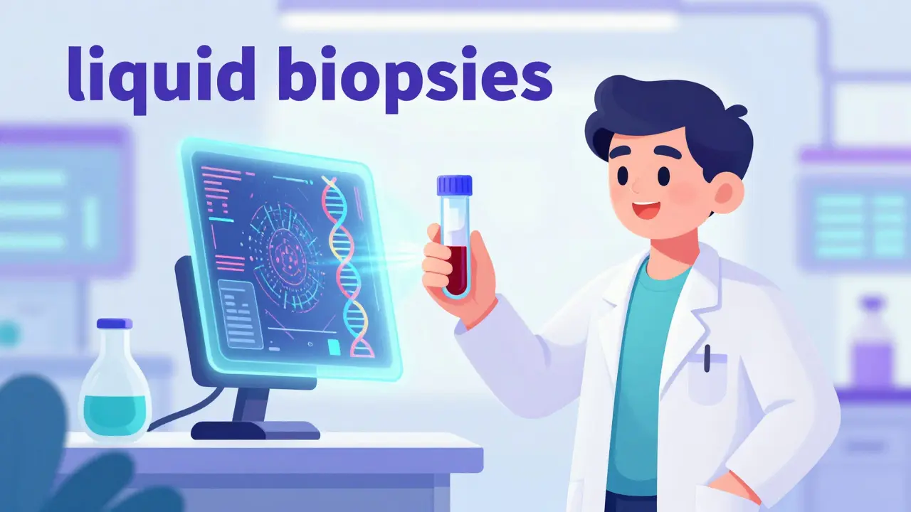 A scientist holding a blood vial with holographic AI DNA data floating above it.