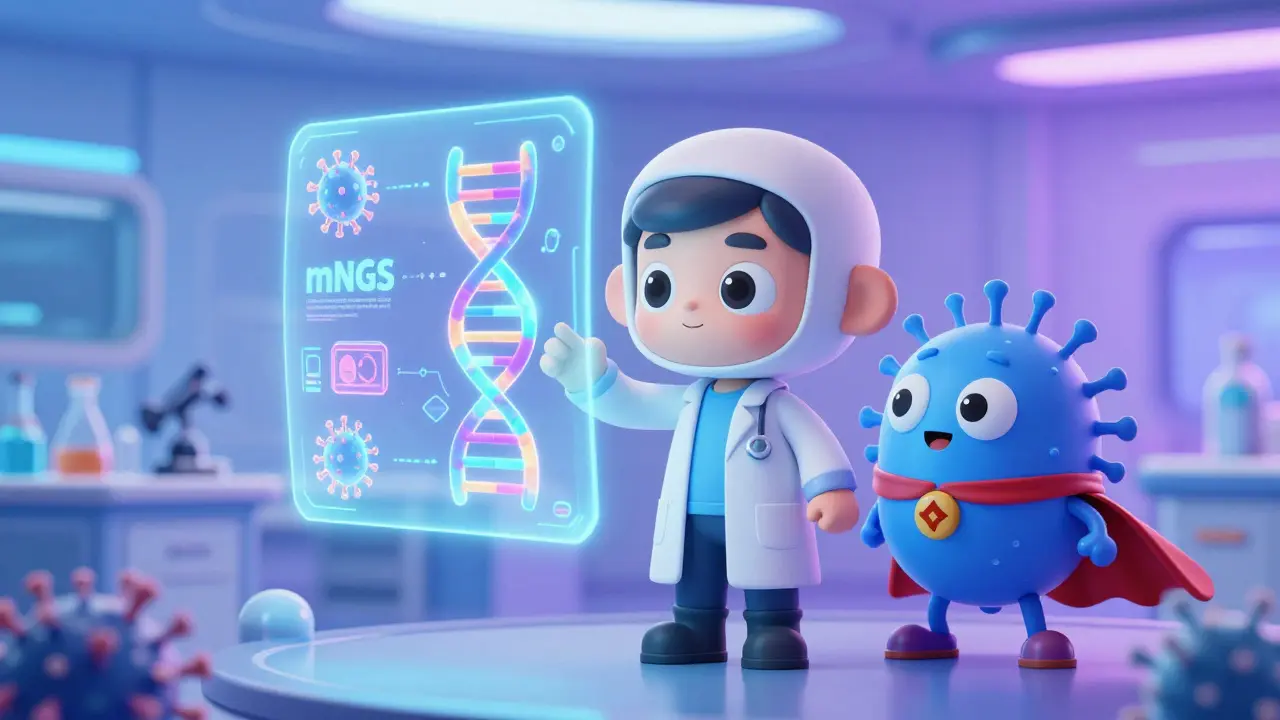 A scientist using holographic DNA sequencing and a superhero T-cell in a futuristic lab.