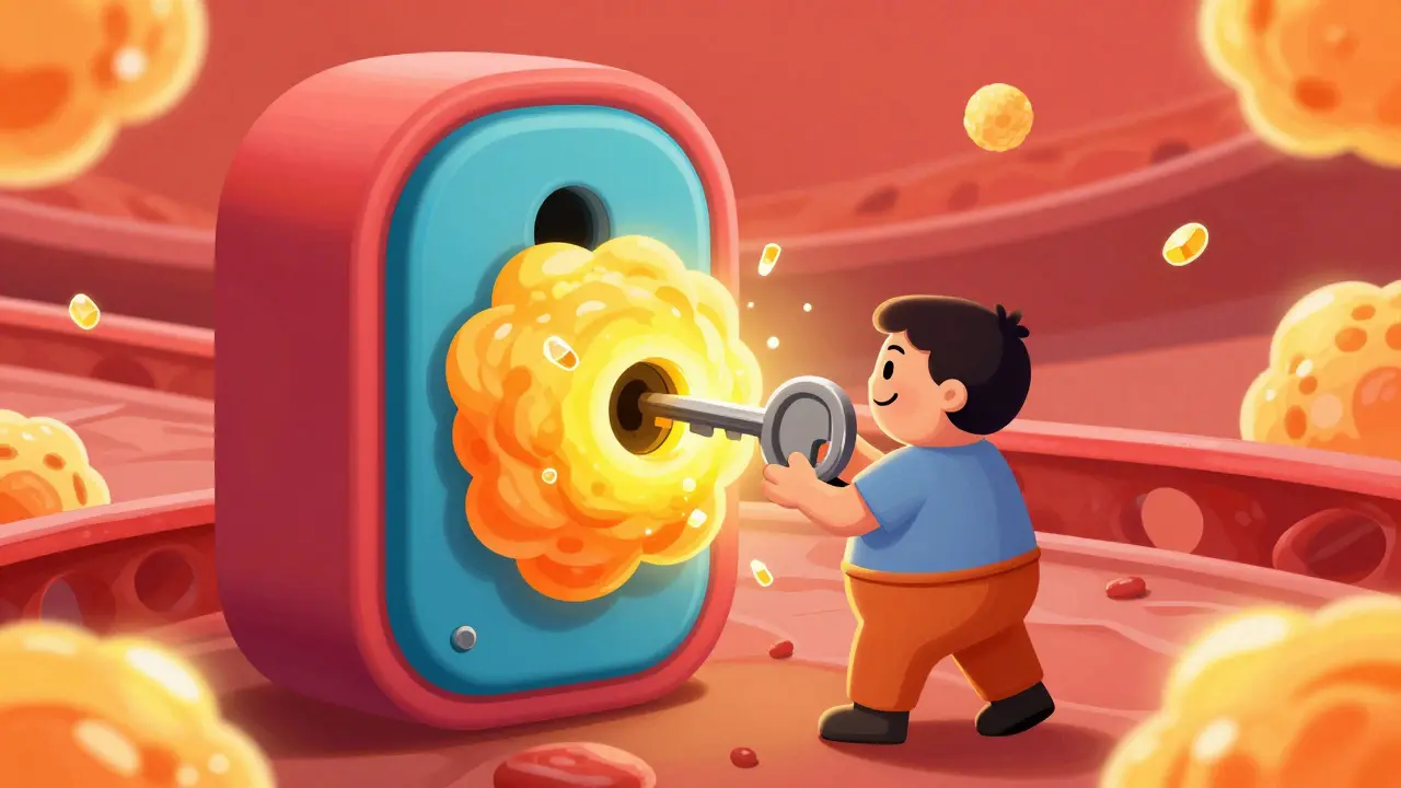 Illustration of an insulin key unable to open a cell lock due to abdominal fat blobs