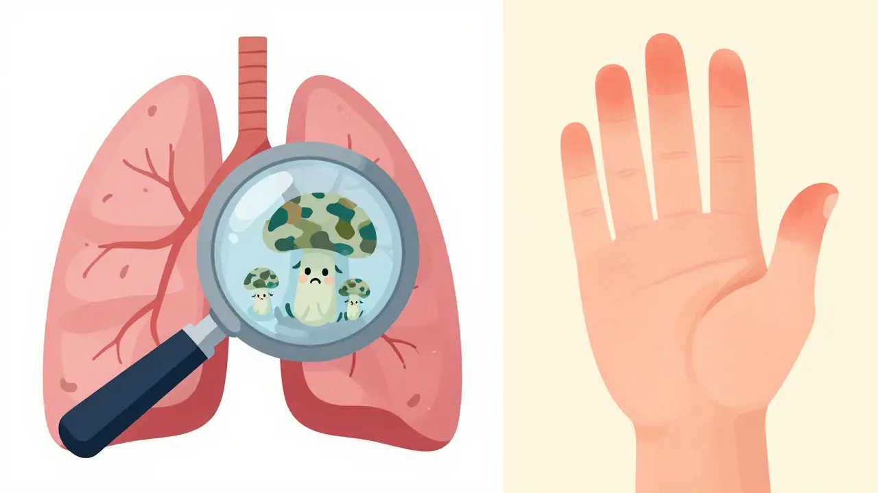 Illustration of hidden fungi in the lungs and a skin rash in a modern cartoon style.