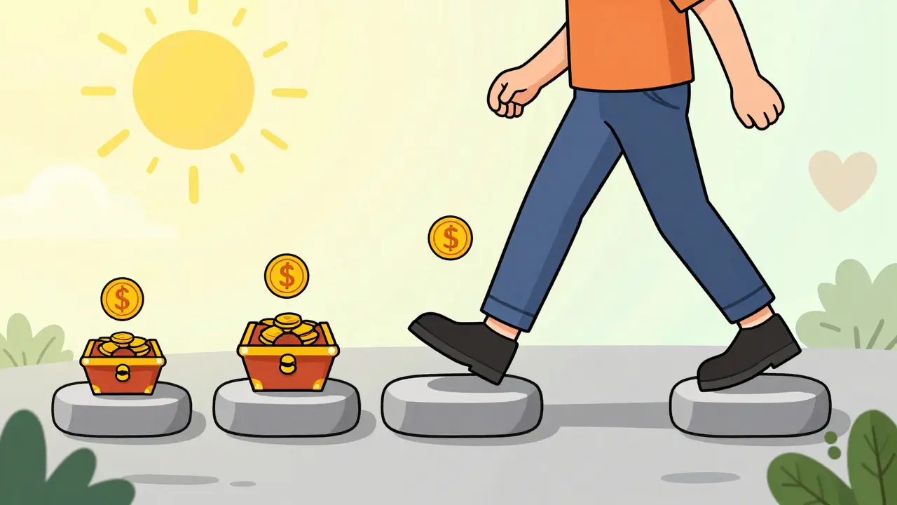 Person walking along health timeline with accumulated savings icons around pathway