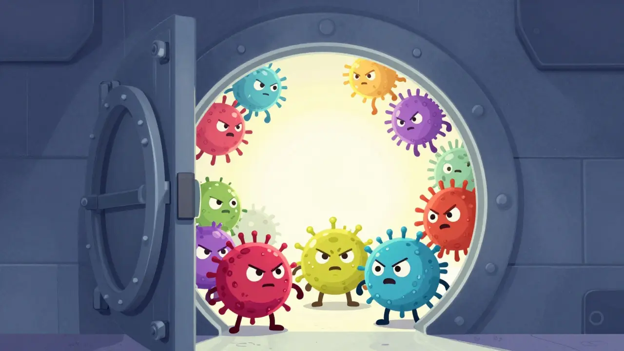 Small immune cells passing through a slightly open vault door representing the blood-brain barrier.