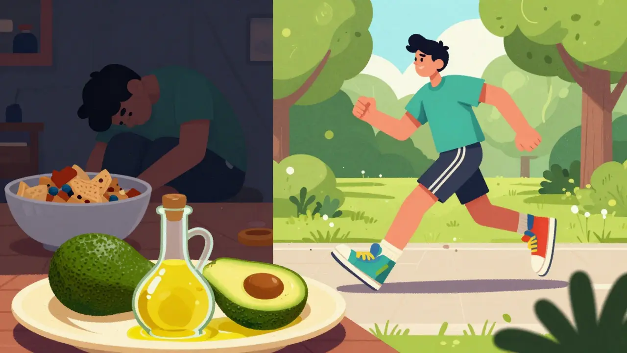Split scene showing a shift from processed snacks to active walking and healthy eating