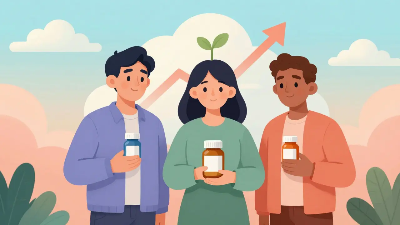 Three patients holding medicine bottles with hopeful expressions in community setting