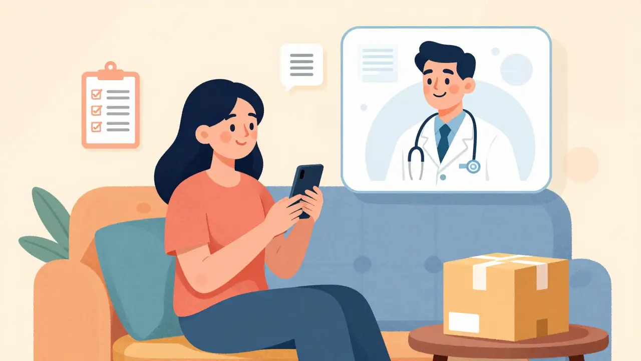 Woman using a smartphone for a telemedicine consultation with a doctor.